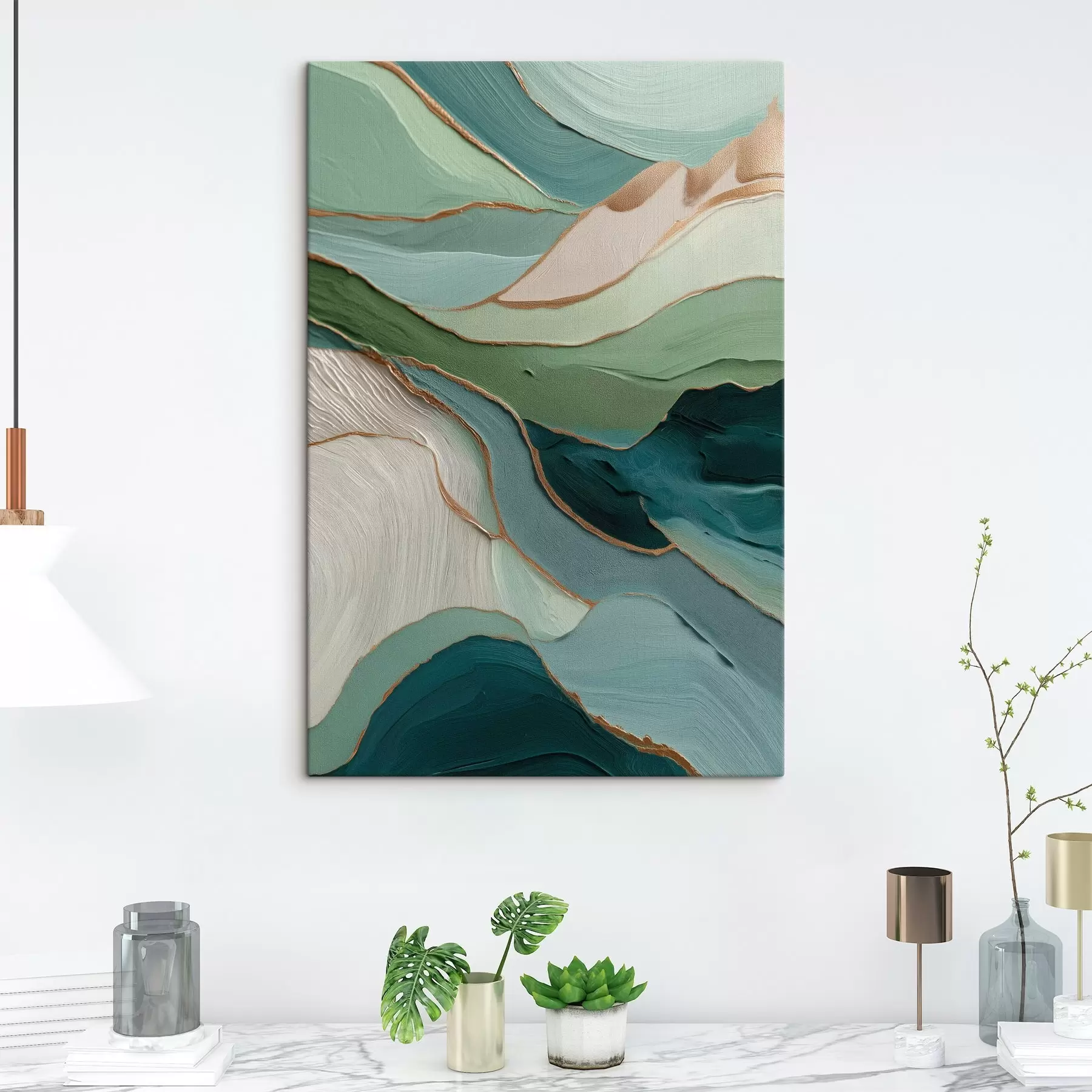 Glezna Daudzslāņu zaļā abstrakcija ar dzeltenām līnijām un dziļumu s45902