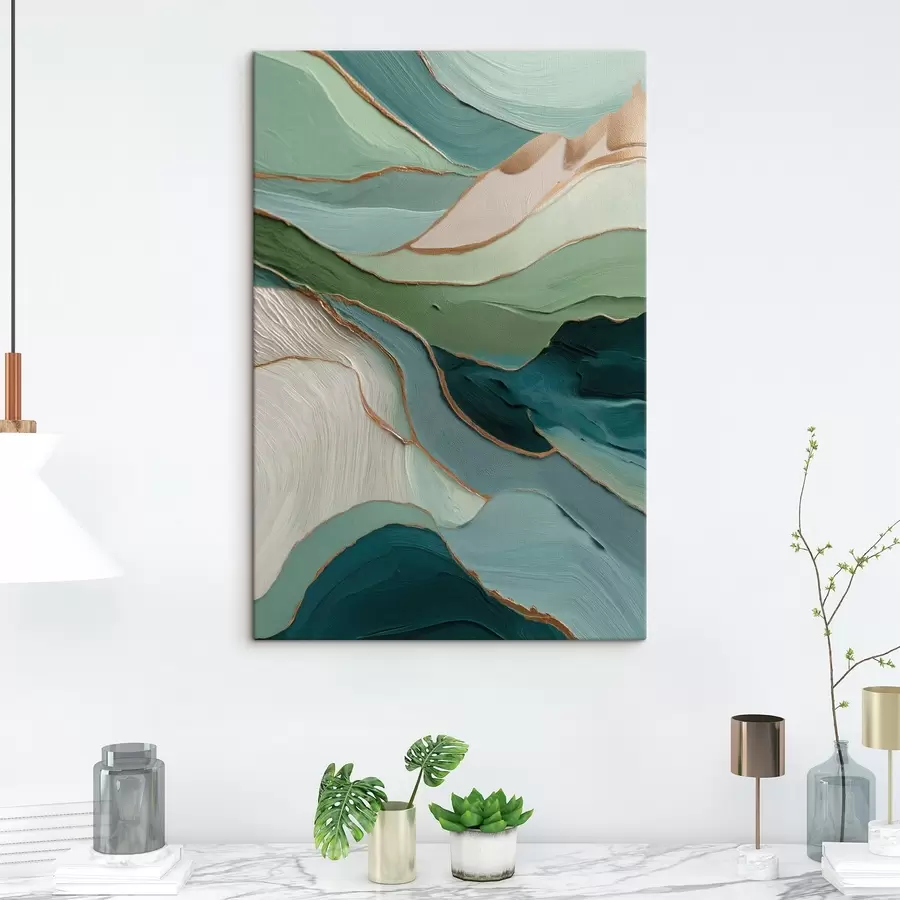 Glezna Daudzslāņu zaļā abstrakcija ar dzeltenām līnijām un dziļumu s45902