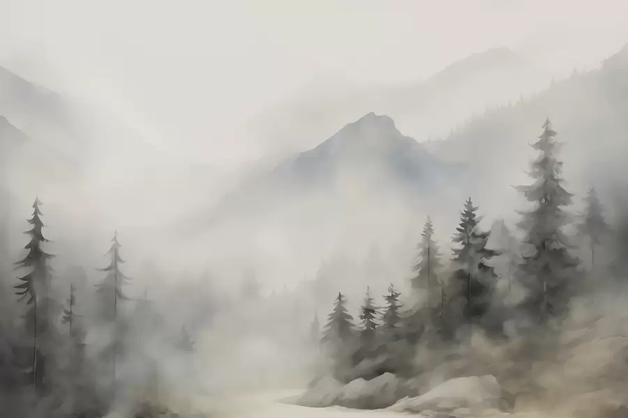 Fototapetes Mežs miglā uz kalnu fona w04493