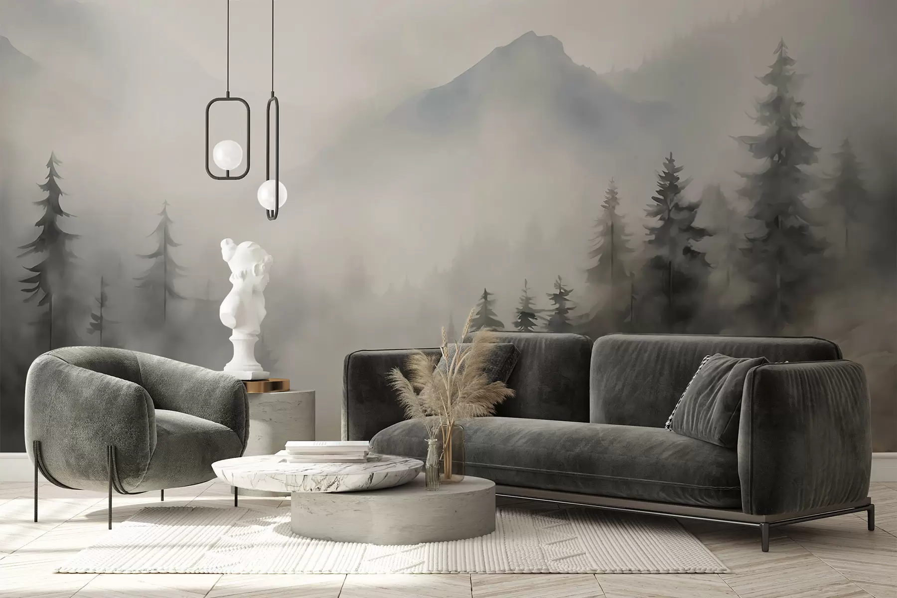 Fototapetes Mežs miglā uz kalnu fona w04493