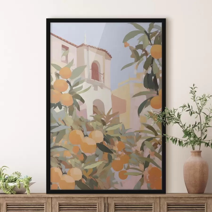 Fototapetes Apelsīni uz zara pie mājas f46060