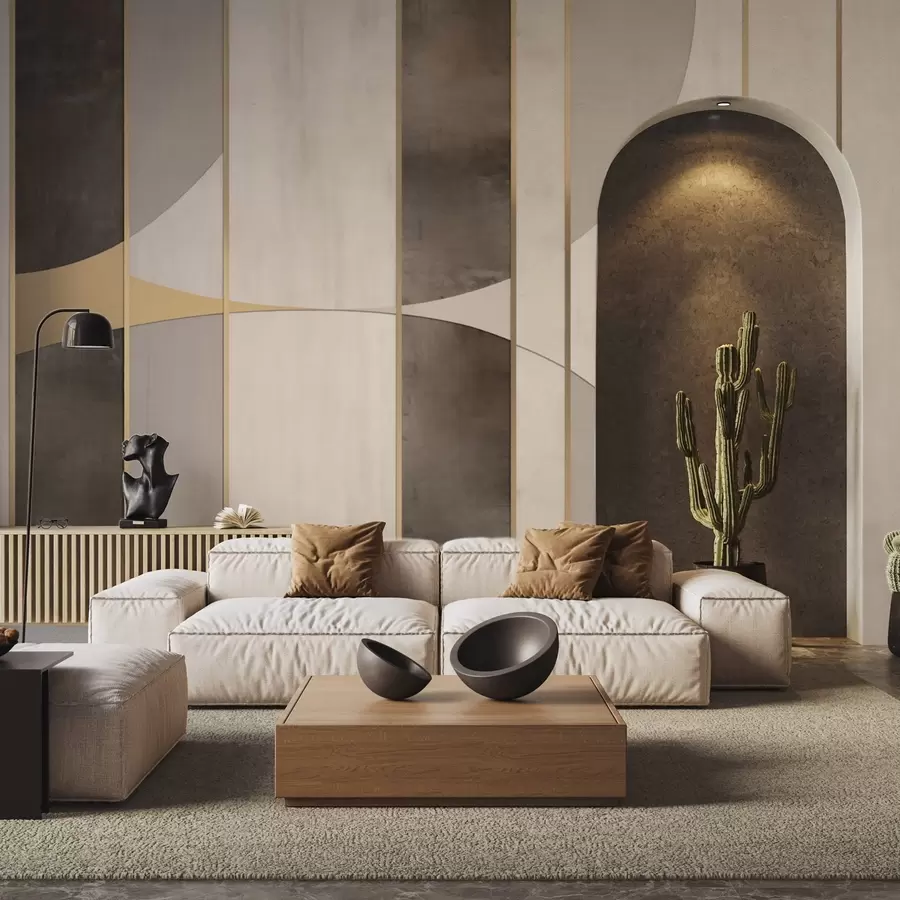 Fototapetes Ģeometriskas plāksnes ar lokiem un šampanieša akcentiem w04616