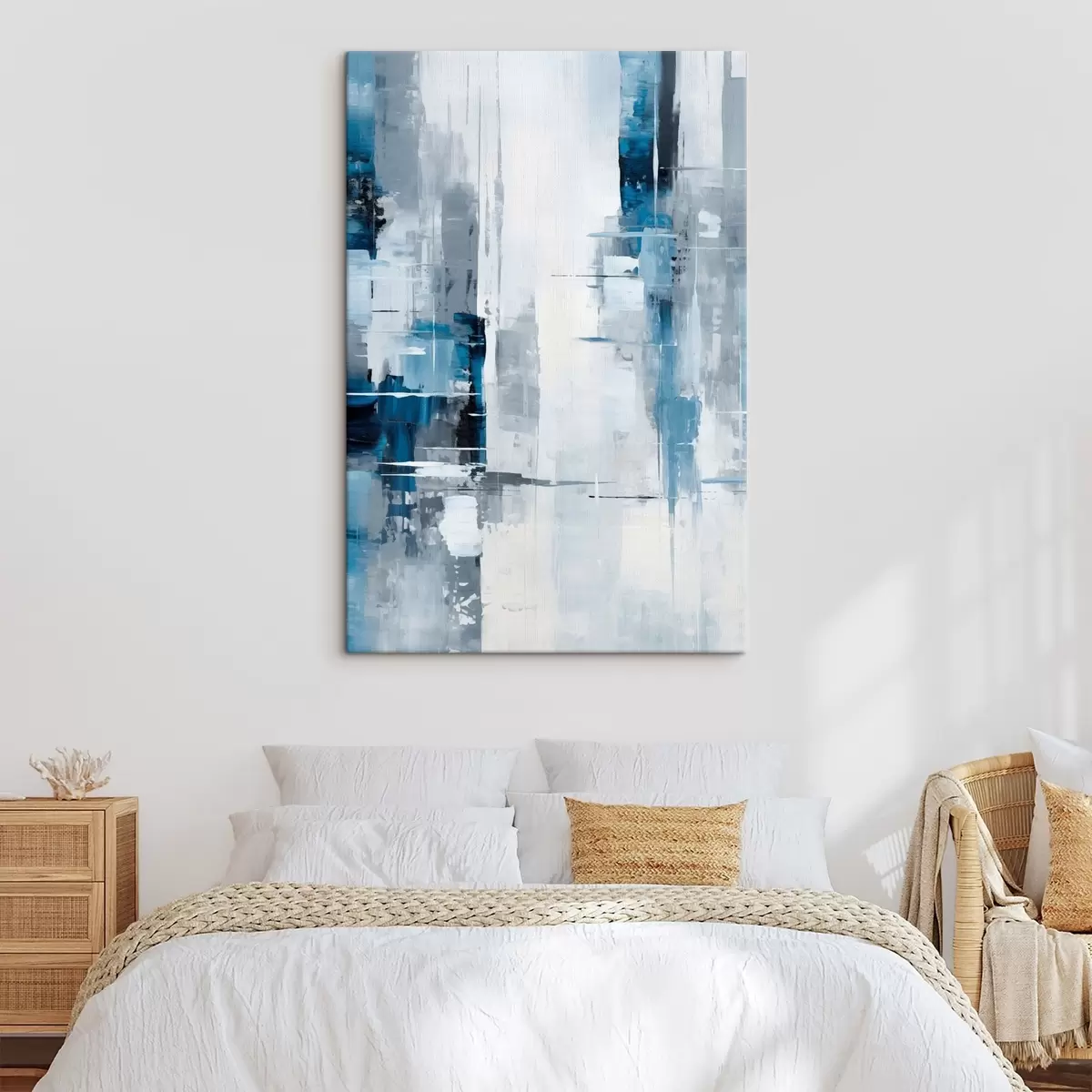 Glezna Abstrakta glezna, kurā izmantotas zilas, pelēkas un baltas krāsas, vertikālas līnijas un ģeometriskas formas s45926