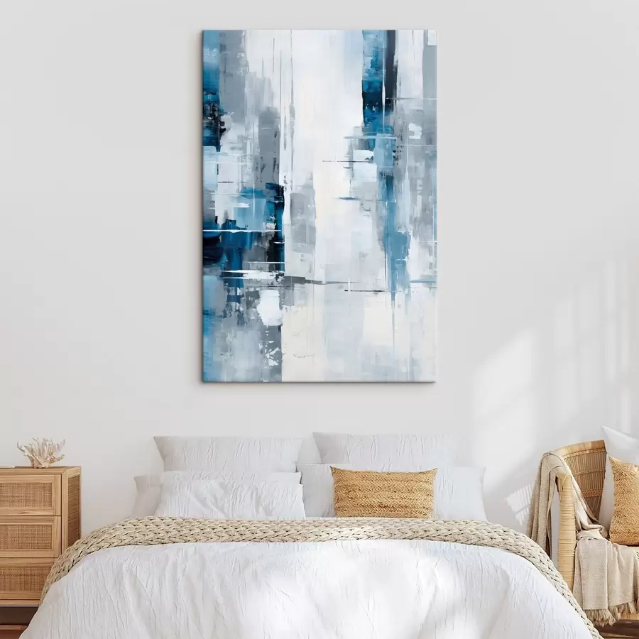 Glezna Abstrakta glezna, kurā izmantotas zilas, pelēkas un baltas krāsas, vertikālas līnijas un ģeometriskas formas s45926