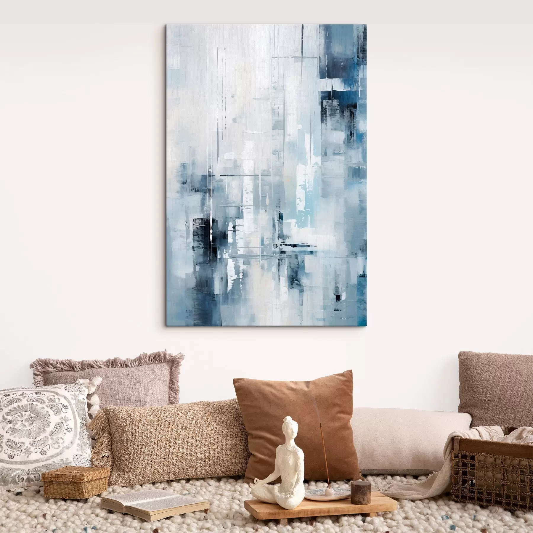 Glezna Abstrakta glezna, kurā izmantotas zilas, pelēkas un baltas krāsas, vertikālas līnijas un ģeometriskas formas s45927