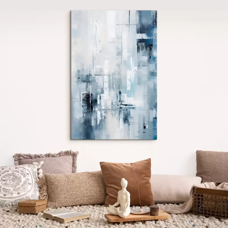 Glezna Abstrakta glezna, kurā izmantotas zilas, pelēkas un baltas krāsas, vertikālas līnijas un ģeometriskas formas s45927