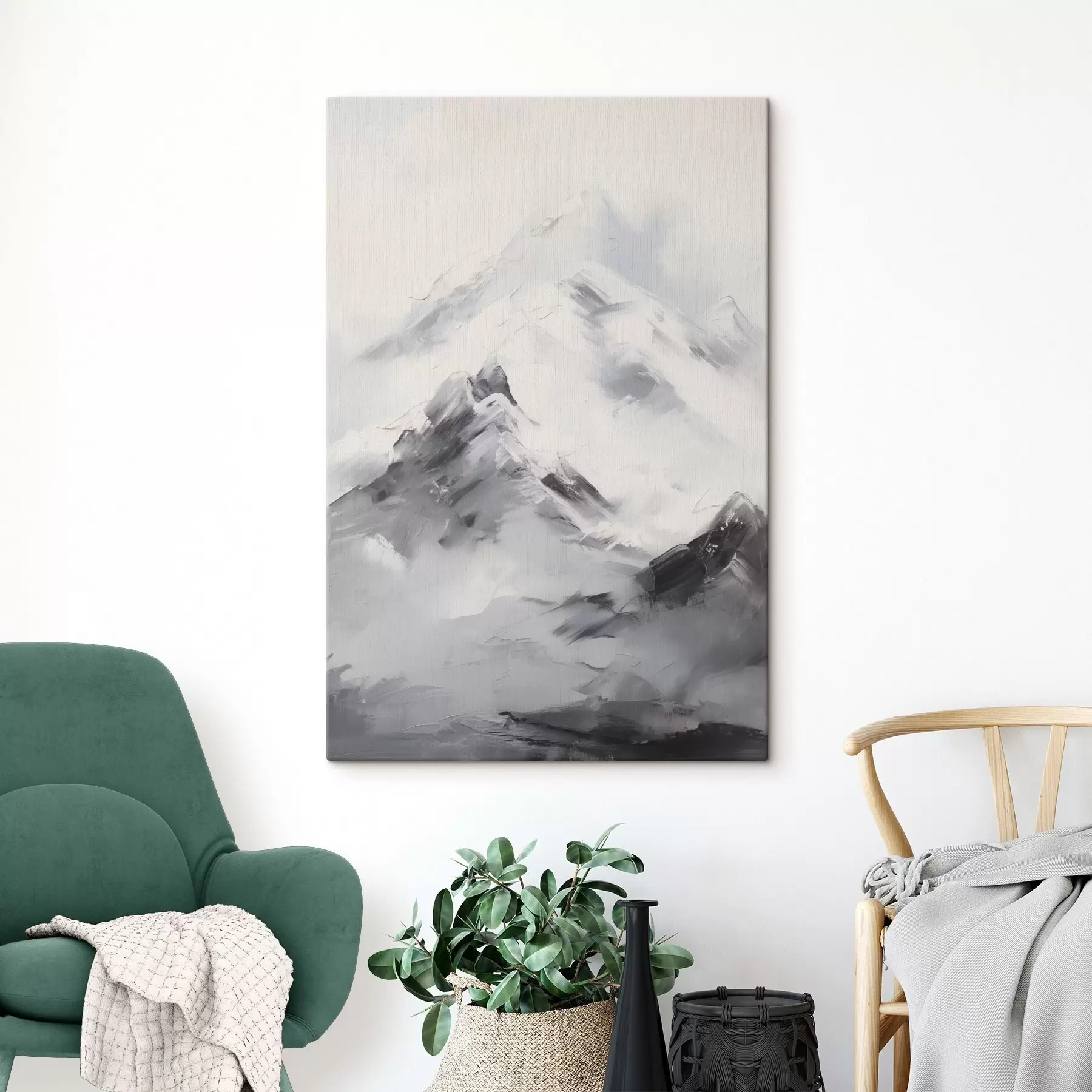 Glezna Sniegotas kalnu virsotnes ar pelēkiem ēnām, pelēks debesis, otas triepieni, teksturēts, minimālisma stils s45933