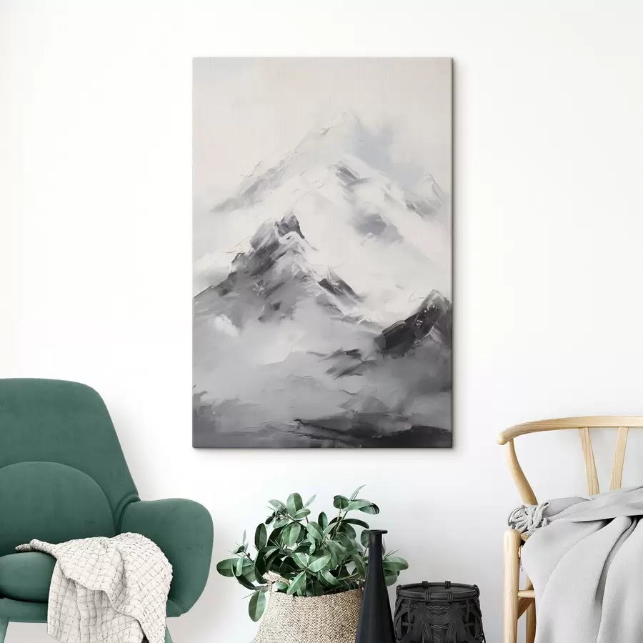 Glezna Sniegotas kalnu virsotnes ar pelēkiem ēnām, pelēks debesis, otas triepieni, teksturēts, minimālisma stils s45933
