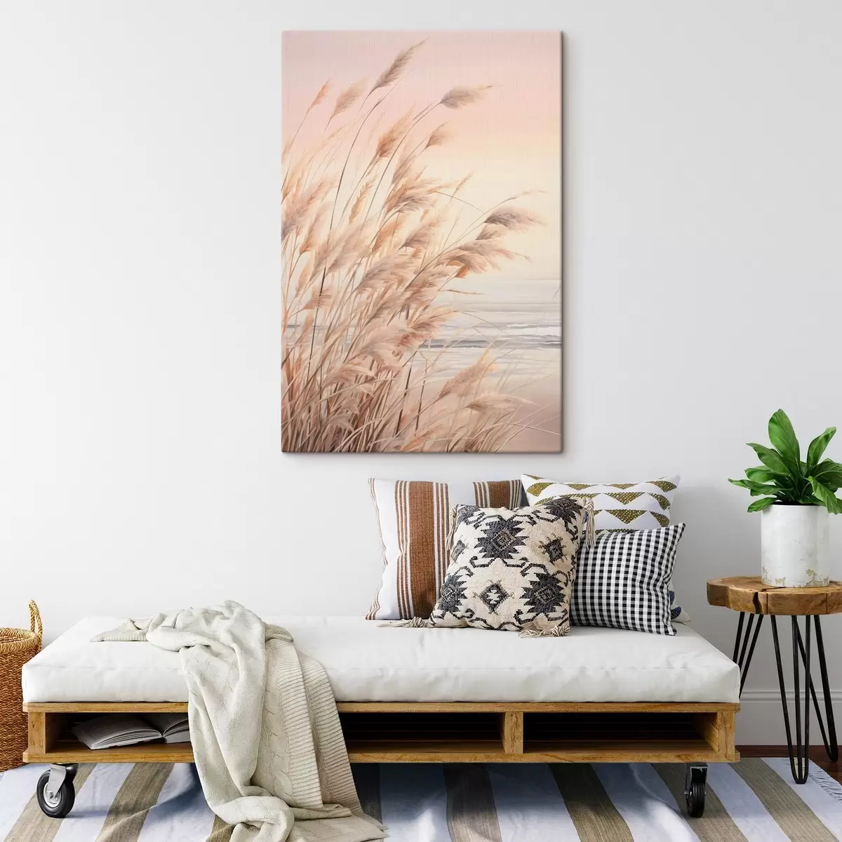Glezna Pampas zāle ar pasteļoranžu krāsu paleti, gaiši rozā debesis, mierīgs ainava s45934