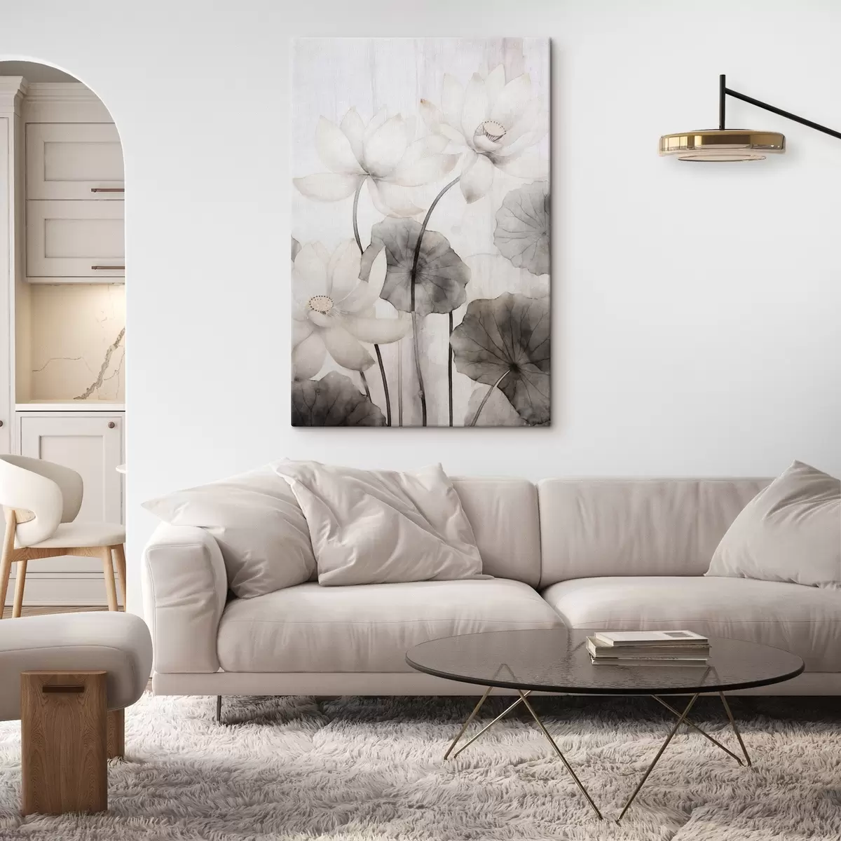 Glezna Baltas teksturētas lotosa ziedi ar tumšām lapām, gaišs fons, minimālistisks dizains s45937