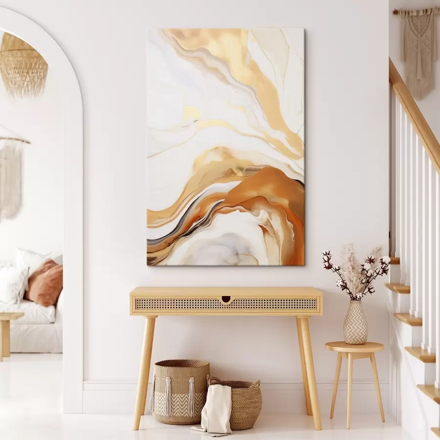 Glezna Abstrakta glezna ar plūstošām formām baltā, oranžā un brūnā toņos, minimālisma stilā s45938
