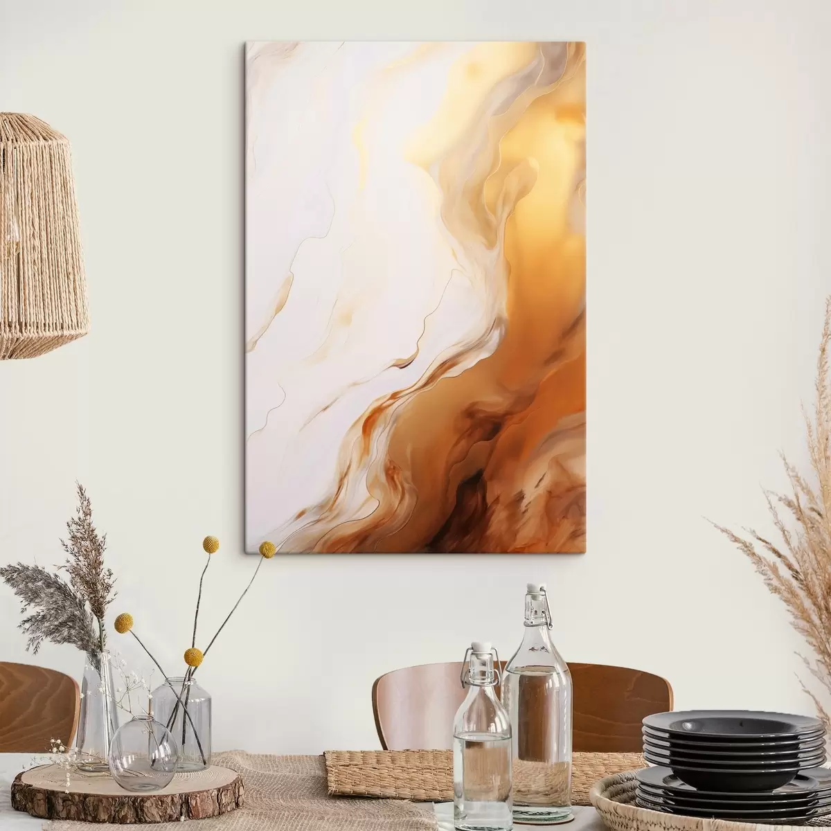 Glezna Abstraktā glezniecība ar balto un oranžo krāsu imitāciju, plūstoša māksla ar viļņotām līnijām, modernā māksla s45939