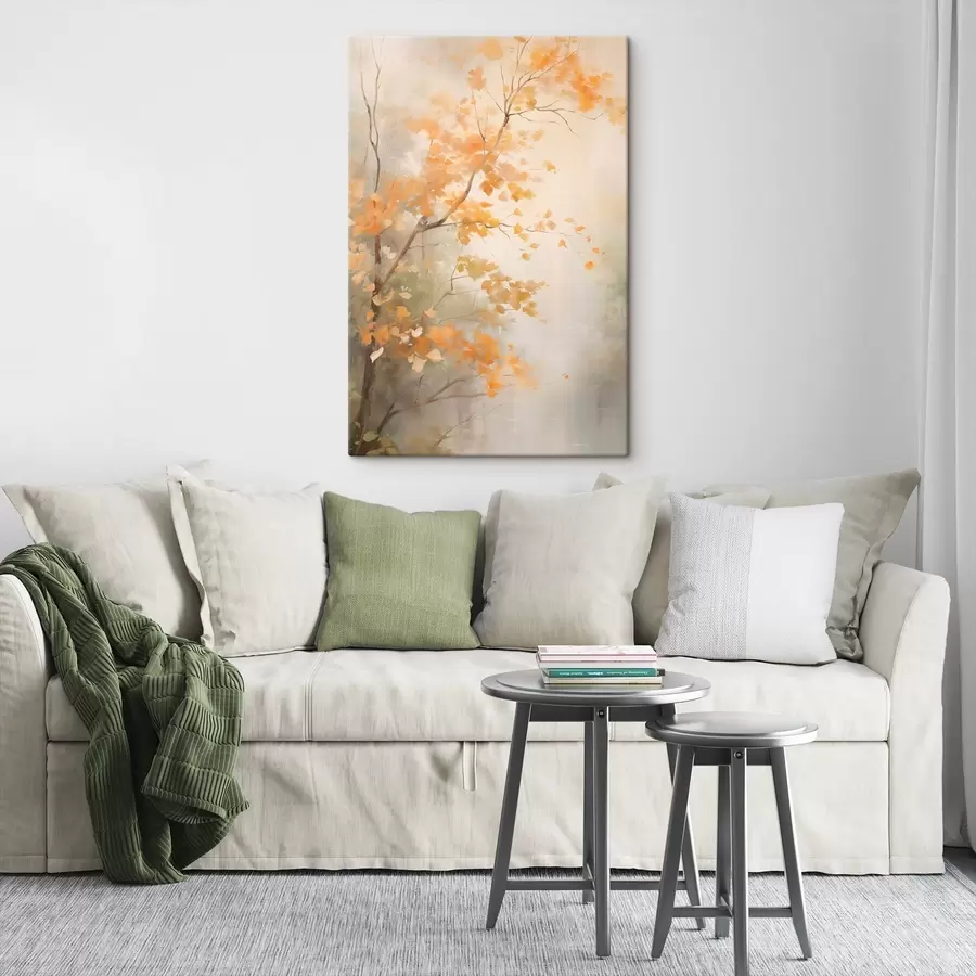 Glezna Rudens koku zari ar oranžām lapām mežā ar maigu gaismu s45940