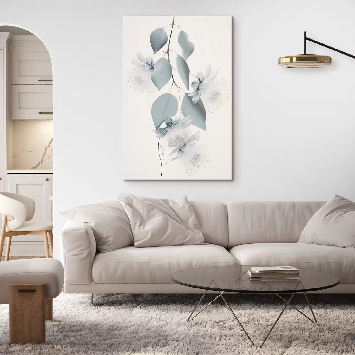 Glezna Eikalipta zariņš ar zilām lapām un baltiem ziediem, gaišs fons s45947