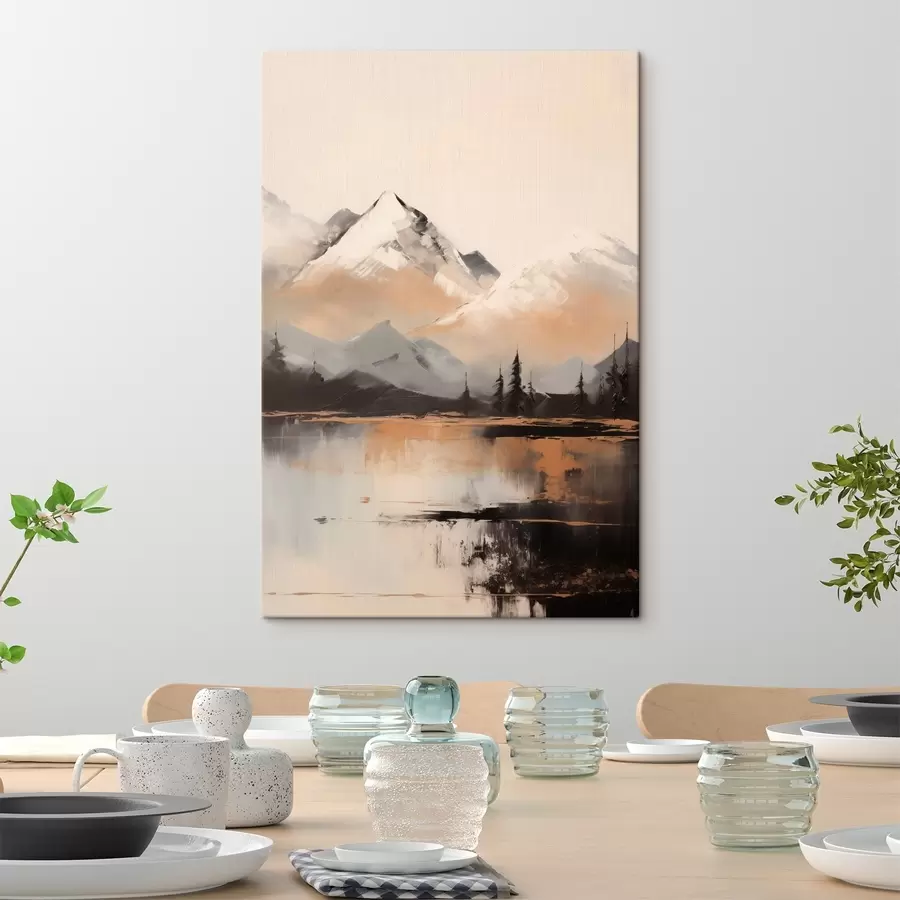 Glezna Sniegotas tekstūras kalni ar dažiem kokiem ezera priekšā s45951