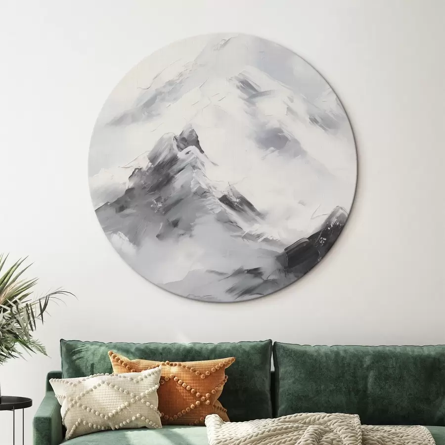 Glezna Sniegotas kalnu virsotnes ar pelēkiem ēnām, pelēks debesis, otas triepieni, teksturēts, minimālisma stils r45933