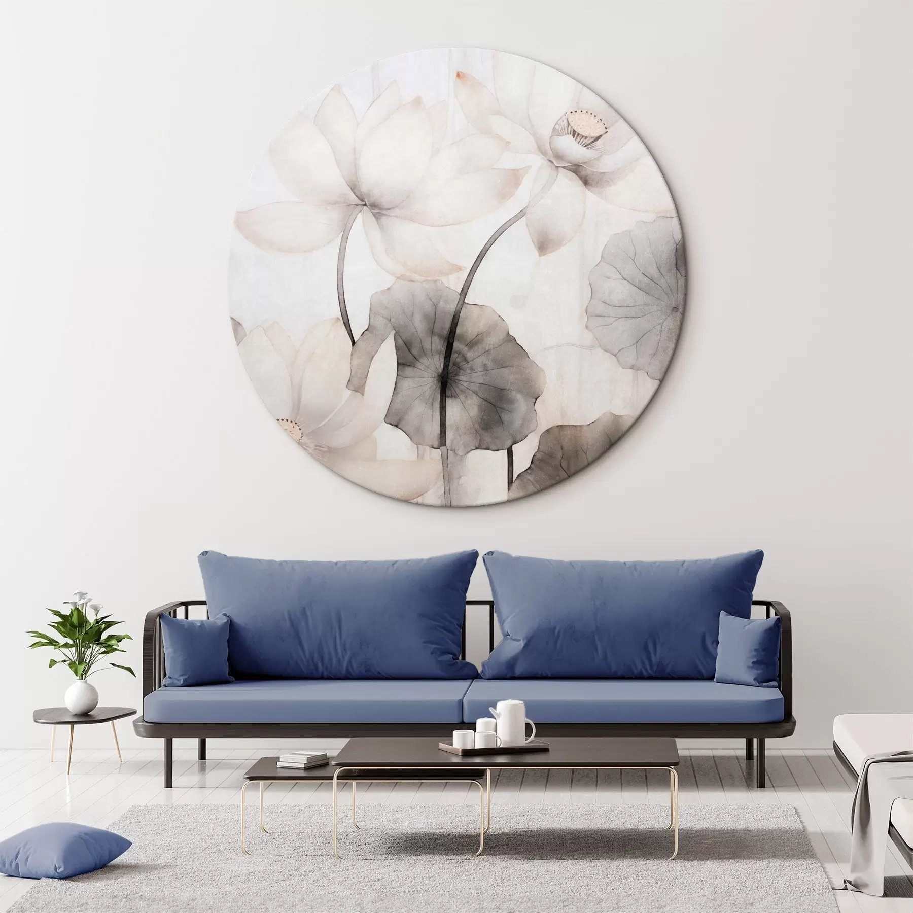 Glezna Baltas teksturētas lotosa ziedi ar tumšām lapām, gaišs fons, minimālistisks dizains r45937