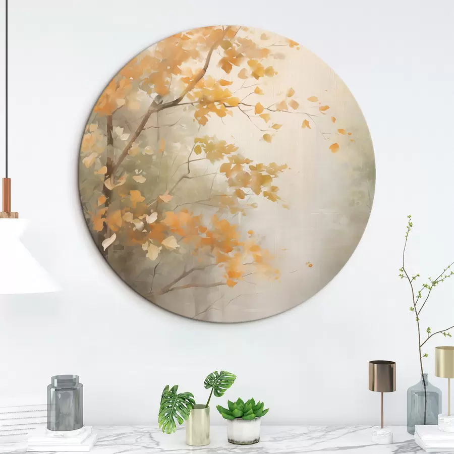 Glezna Rudens koku zari ar oranžām lapām mežā ar maigu gaismu r45940