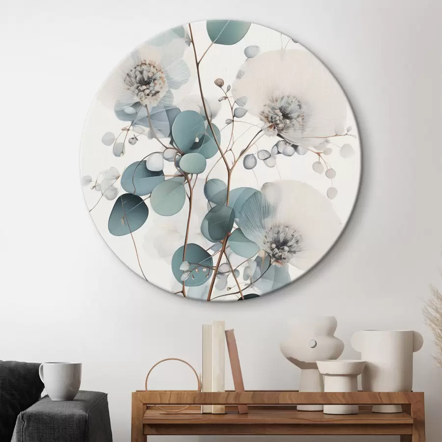 Glezna Eikalipta abstraktas ziedi ar baltiem ziedlapiem, klusināti zaļas lapas uz zariem r45946