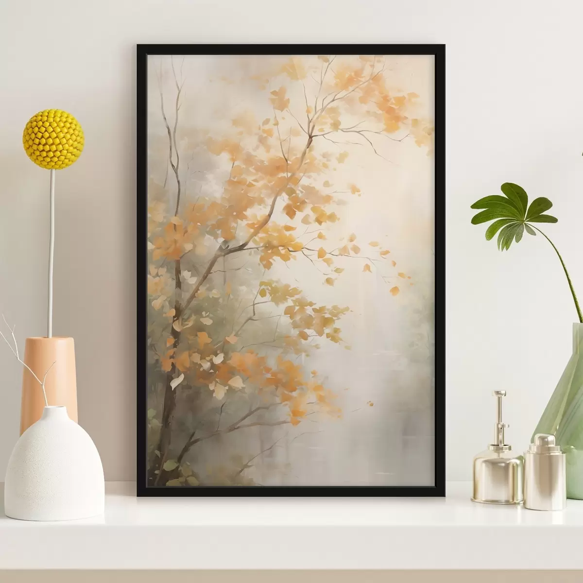 Plakāts Rudens koku zari ar oranžām lapām mežā ar maigu gaismu f45940