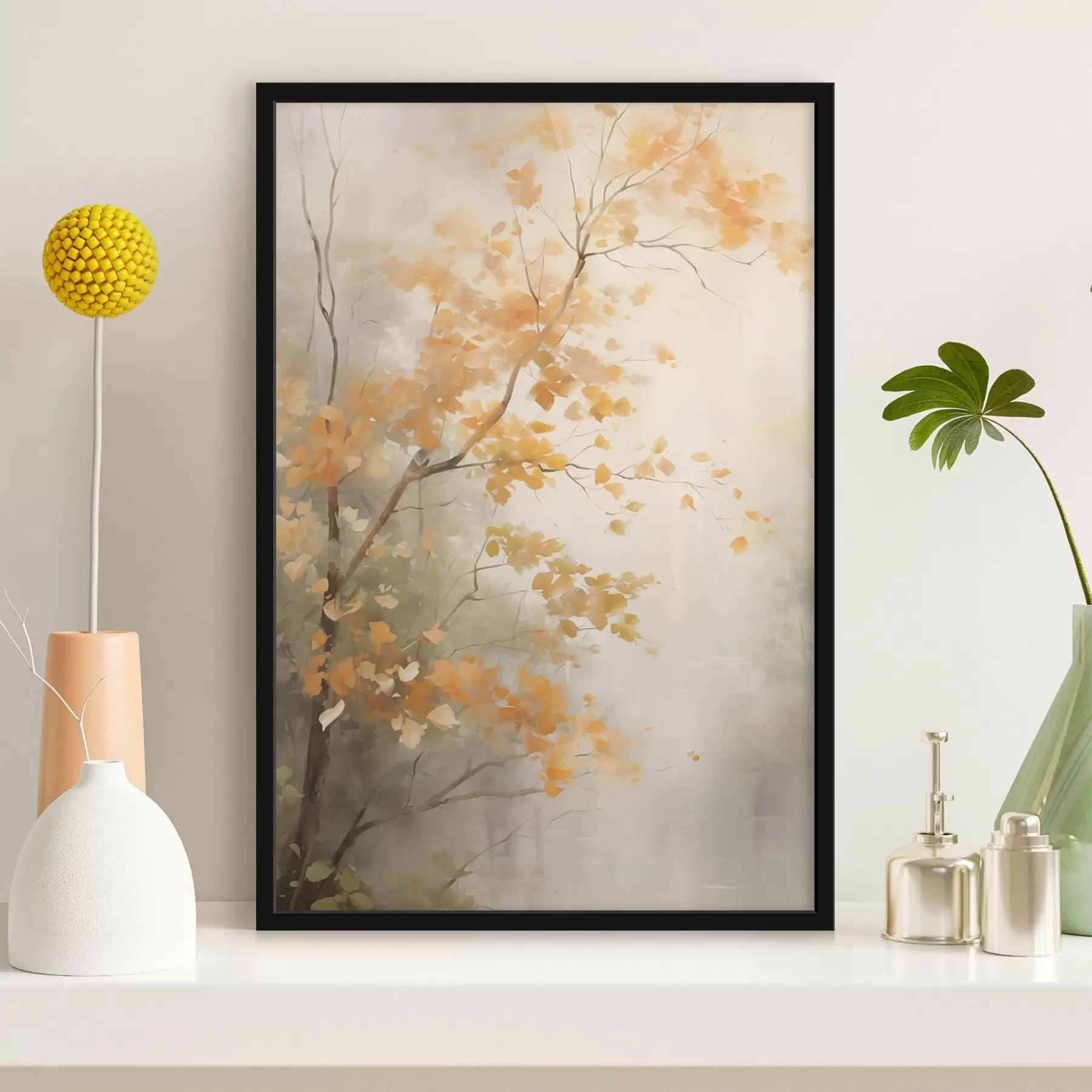 Fototapetes Rudens koku zari ar oranžām lapām mežā ar maigu gaismu f45940