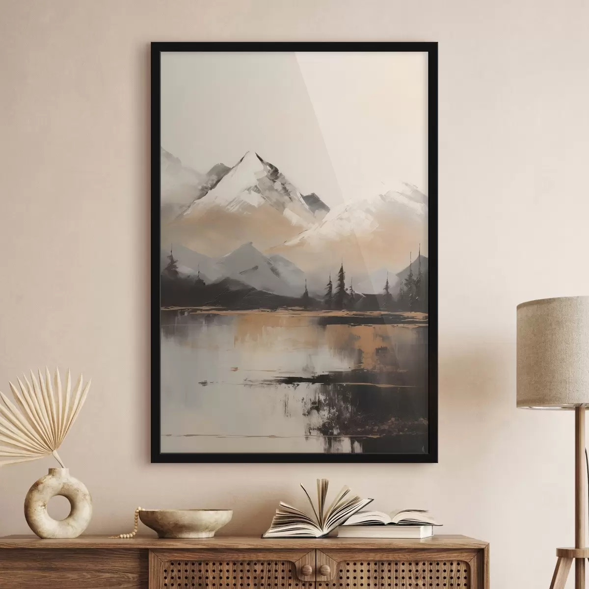 Plakāts Sniegotas tekstūras kalni ar dažiem kokiem ezera priekšā f45951