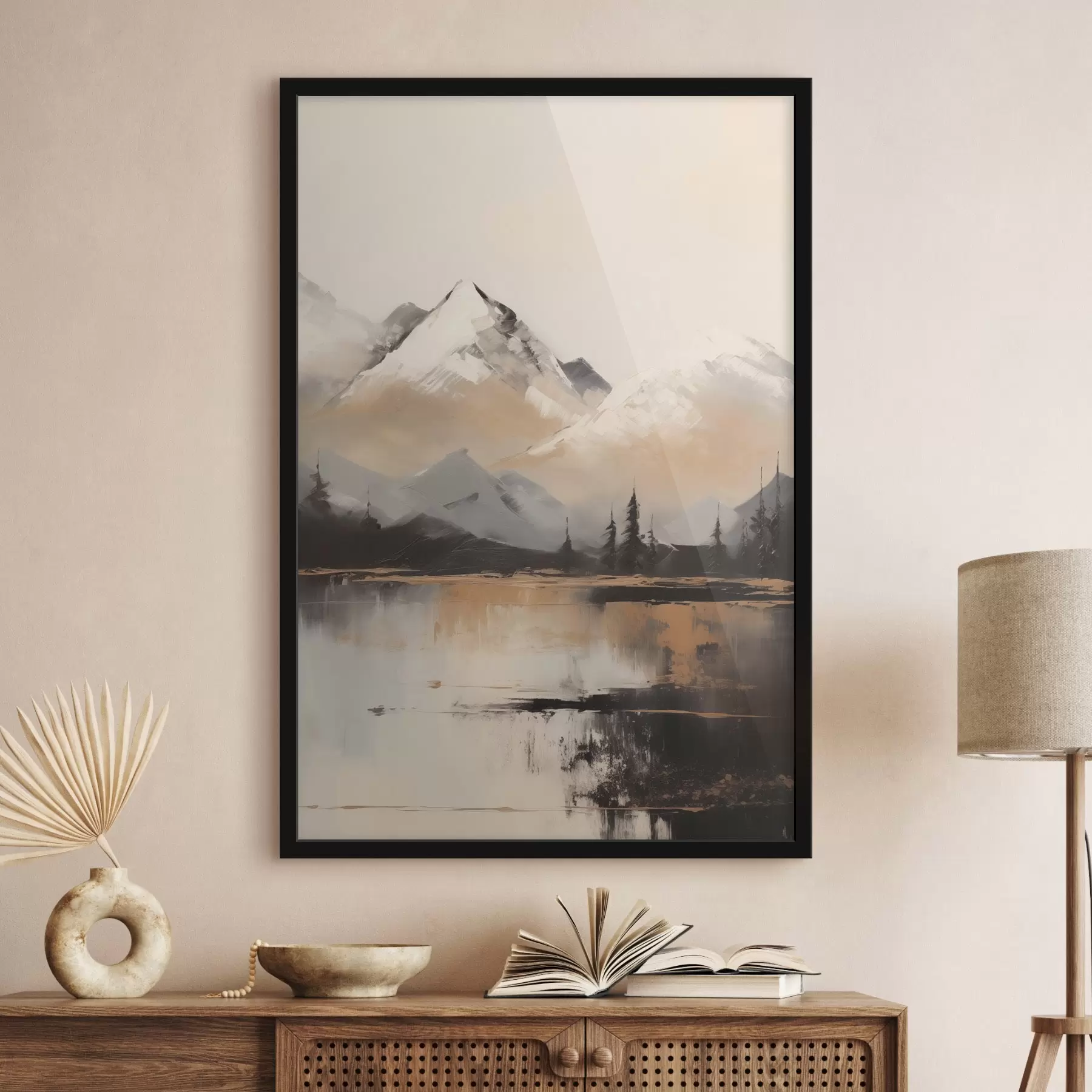 Fototapetes Sniegotas tekstūras kalni ar dažiem kokiem ezera priekšā f45951