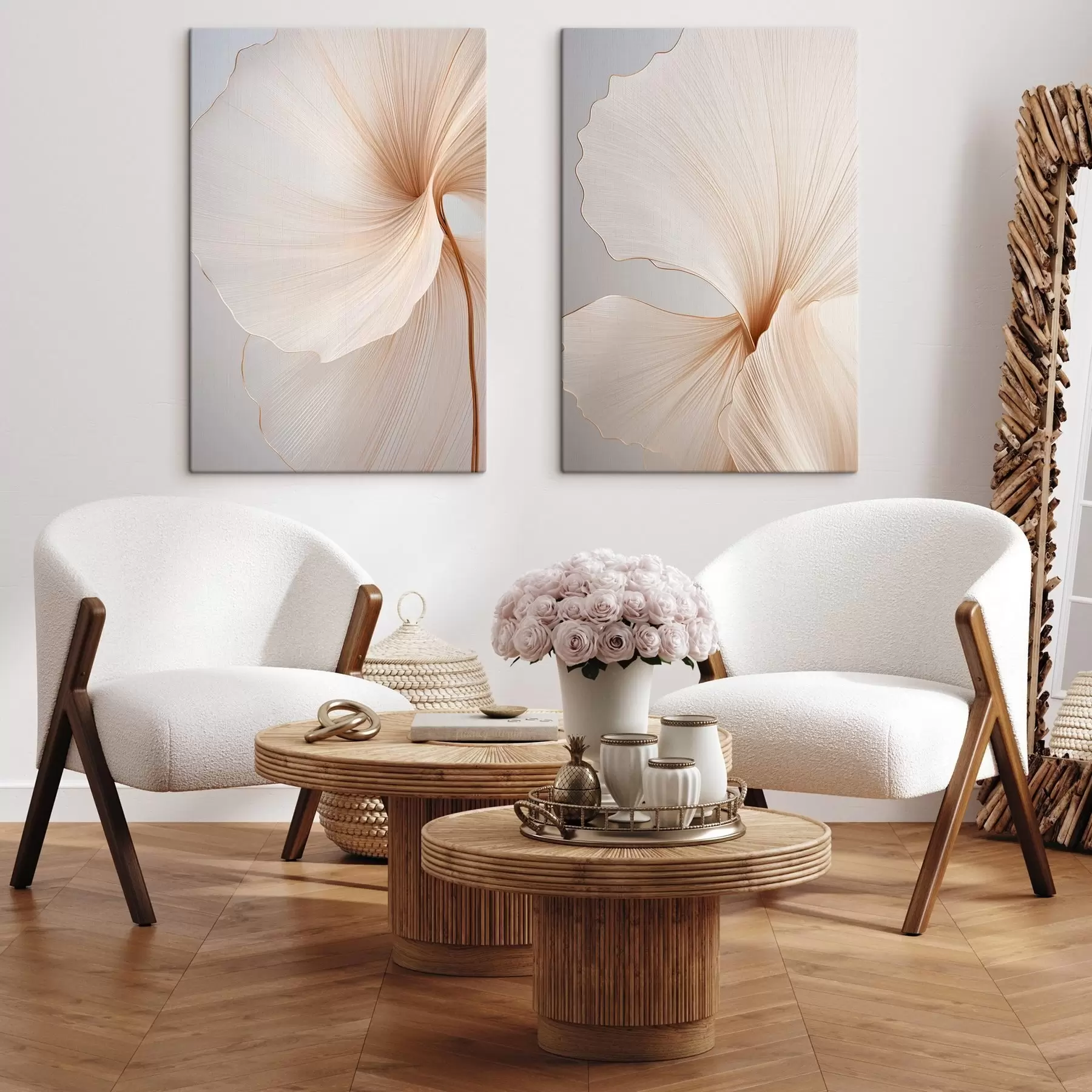 Glezna Abstraktas ziedi ar plāniem, delikātiem ziedlapiem baltā un smilškrāsā toņos m00817