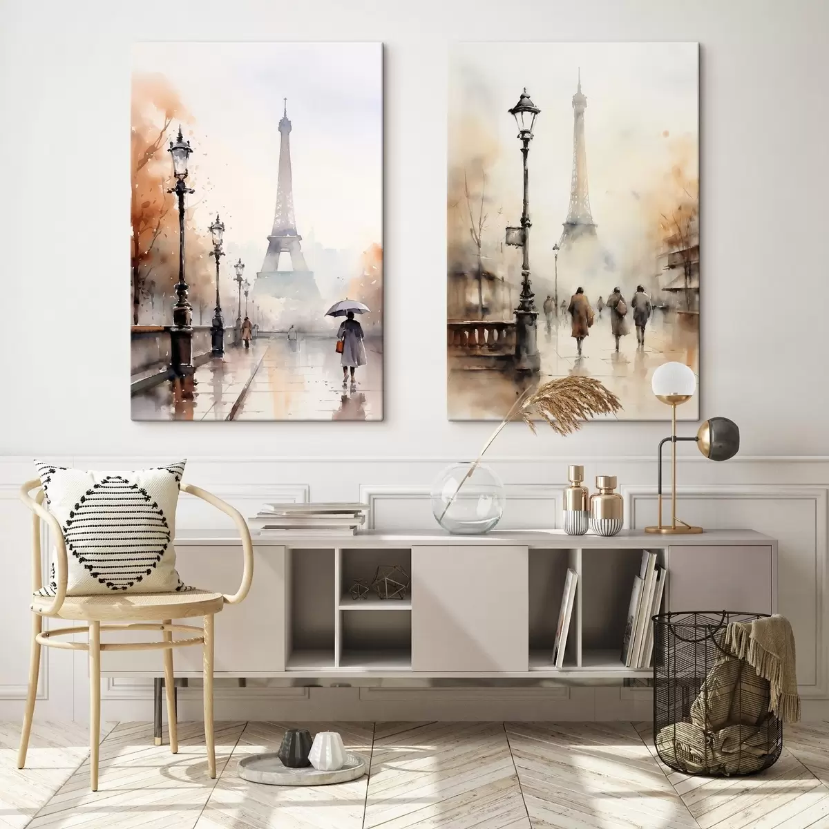 Glezna Lietaina rudens diena Parīzē ar Eifeļa torni fonā un vintage ielu laternām m00821