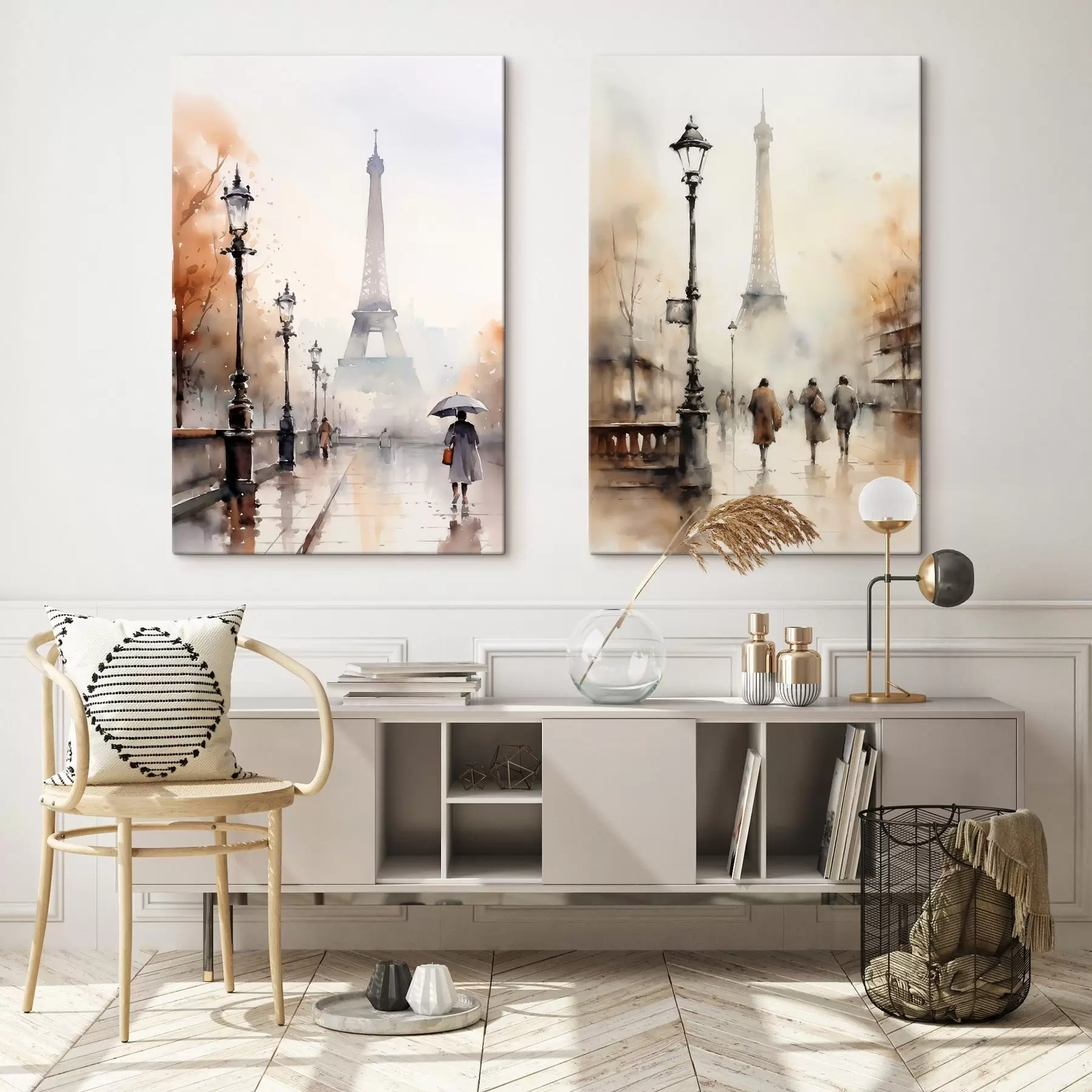 Glezna Lietaina rudens diena Parīzē ar Eifeļa torni fonā un vintage ielu laternām m00821