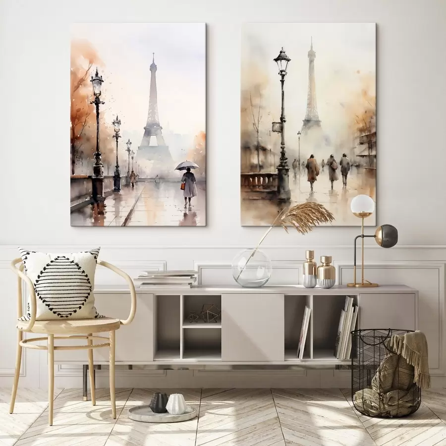 Glezna Lietaina rudens diena Parīzē ar Eifeļa torni fonā un vintage ielu laternām m00821