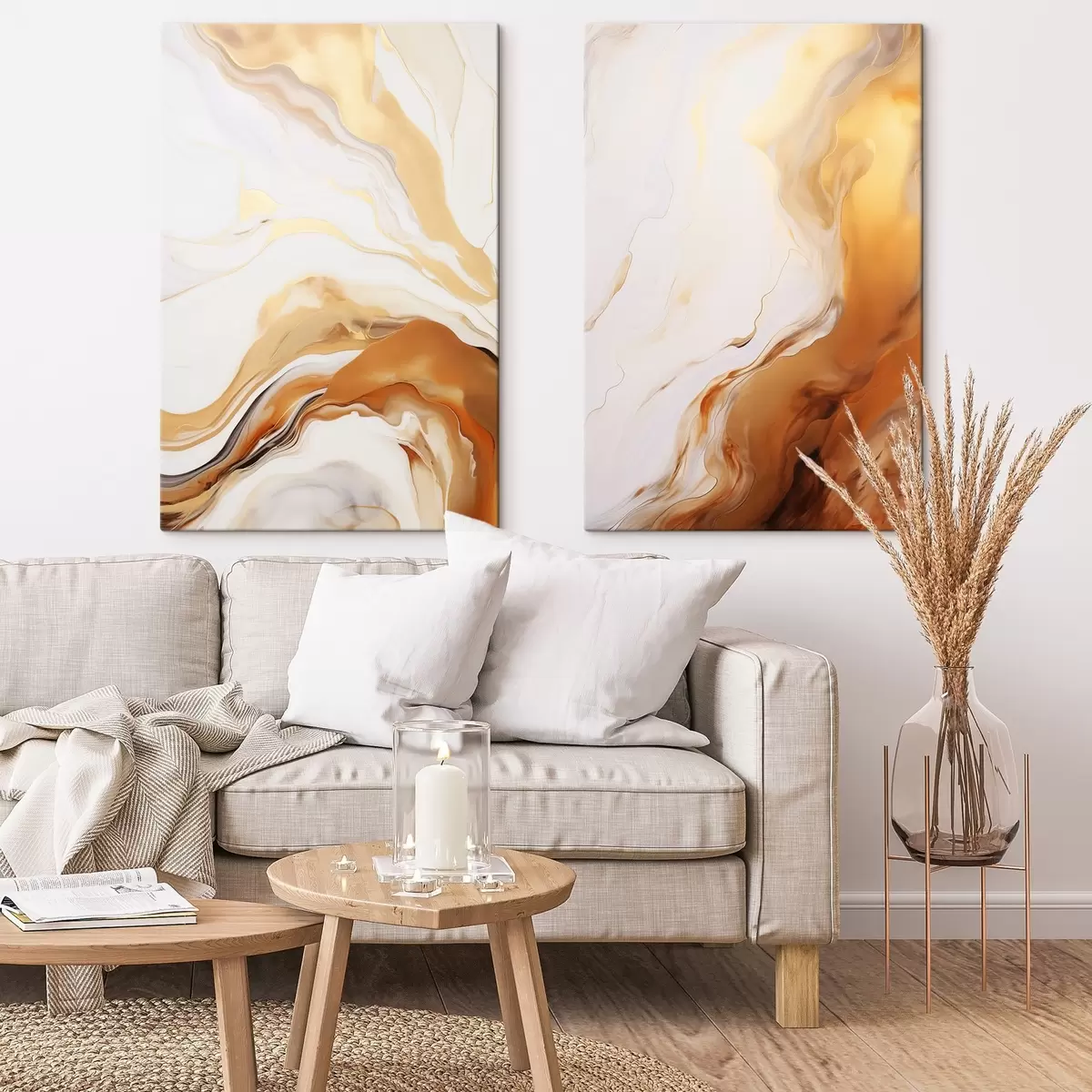 Glezna Abstraktā glezniecība ar balto un oranžo krāsu imitāciju, plūstoša māksla ar viļņotām līnijām, modernā māksla m00825