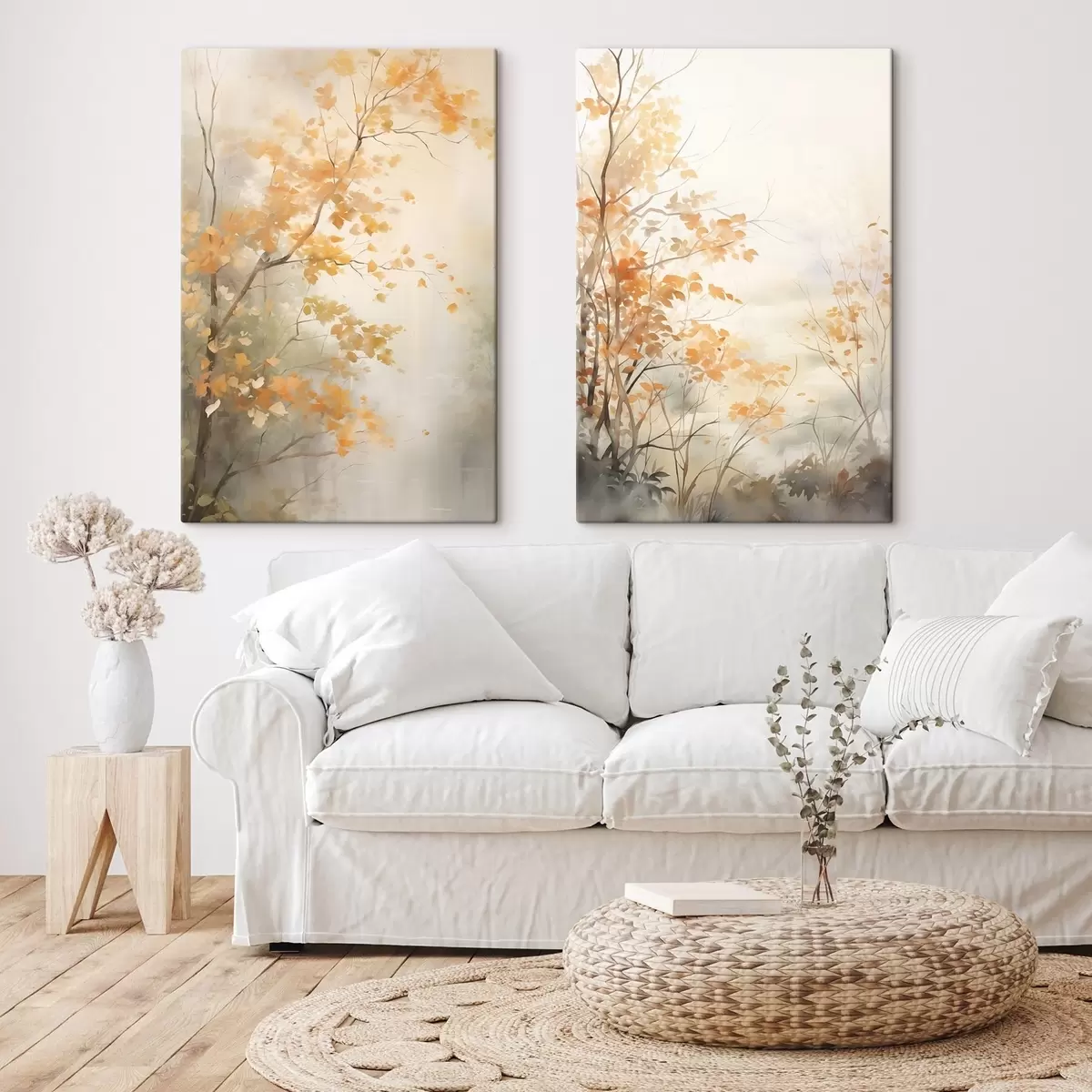 Glezna Rudens koki ar oranžām lapām un zariem, maigs akvareļu stils, delikāti otas triepieni m00826