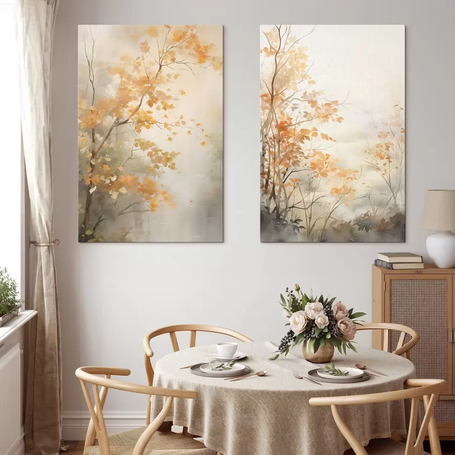 Glezna Rudens koki ar oranžām lapām un zariem, maigs akvareļu stils, delikāti otas triepieni m00826