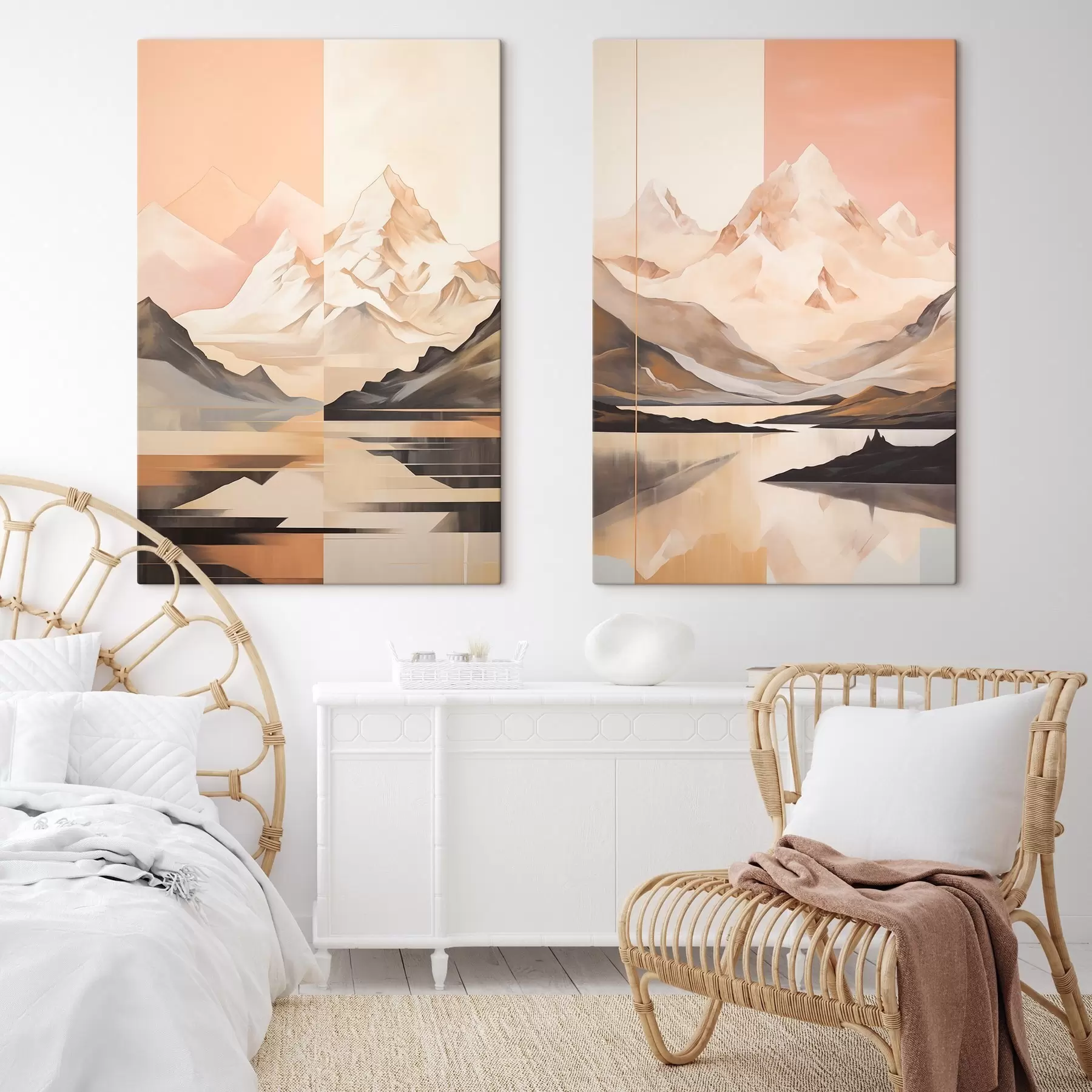 Glezna Abstrakts ainava ar kalniem un ezeru, pasteļtoņos, minimālisma stilā m00830