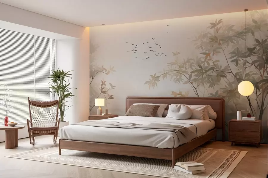 Fototapetes Teksturēts ainavas ar kokiem un putnu bars lidojot debesīs, pasteļtoņos, dabas aina  w09418