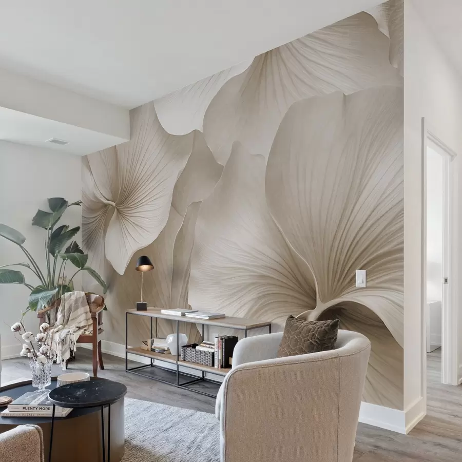 Fototapetes Baltas un smilškrāsas gingko lapas, mīksta tekstūra, abstrakts ziedu fons, minimālisma moderns stils w09421v1