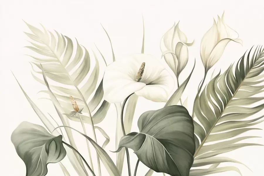 Fototapetes Baltas kalas un zaļas tropu lapas, botāniska ilustrācija, gaišs fons, vintage stils, teksturēts w09423