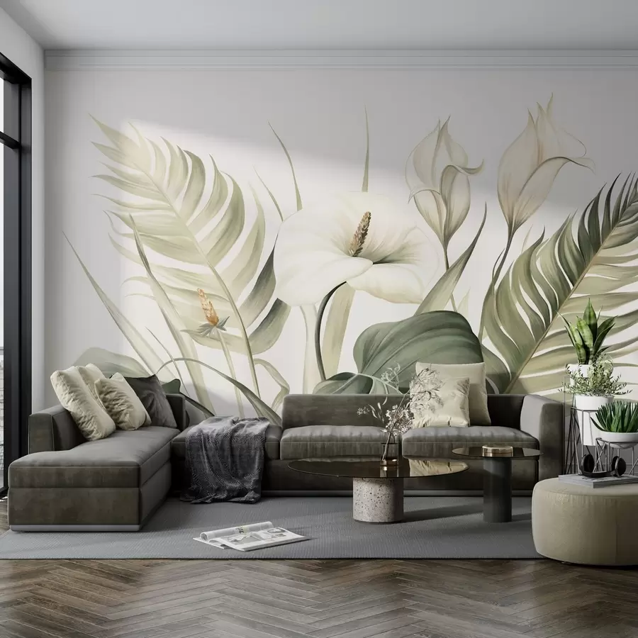 Fototapetes Baltas kalas un zaļas tropu lapas, botāniska ilustrācija, gaišs fons, vintage stils, teksturēts w09423
