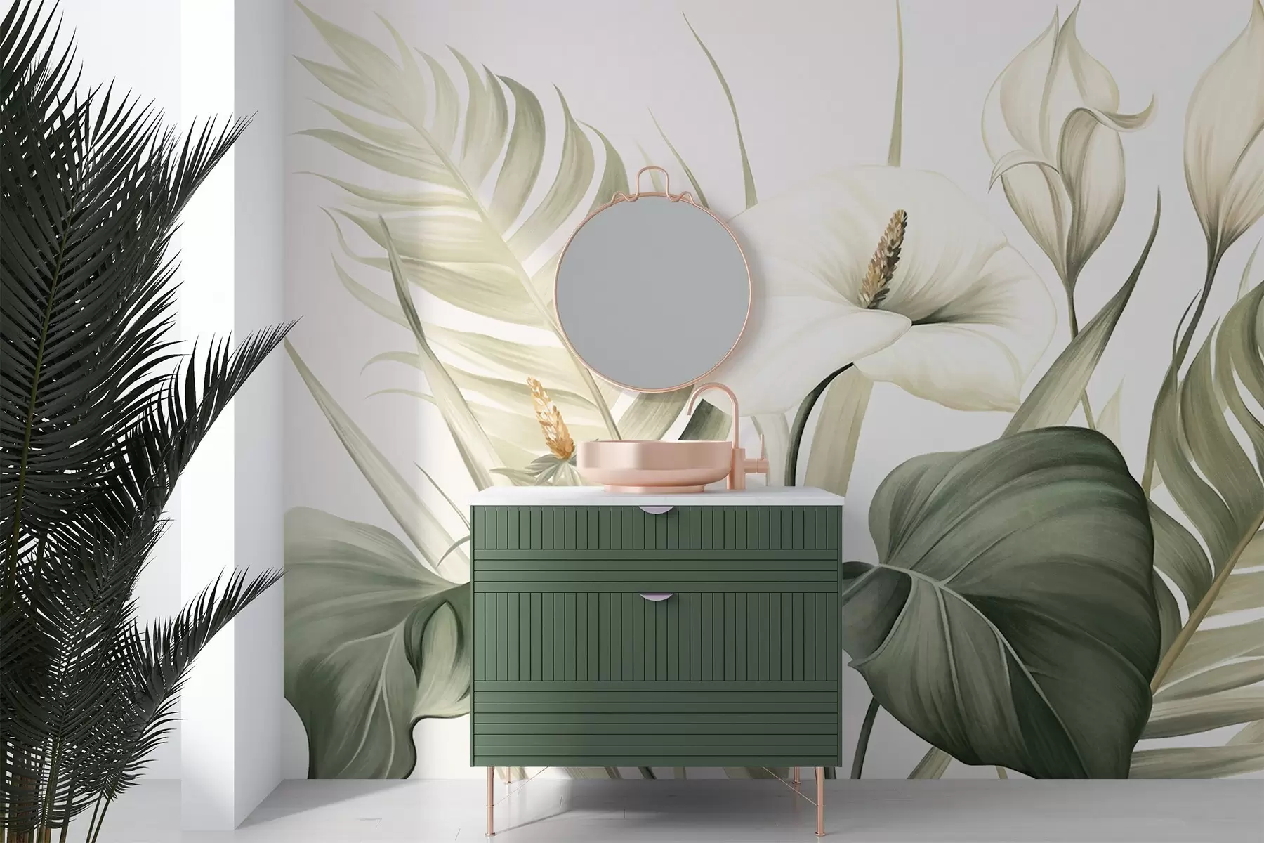 Fototapetes Baltas kalas un zaļas tropu lapas, botāniska ilustrācija, gaišs fons, vintage stils, teksturēts w09423