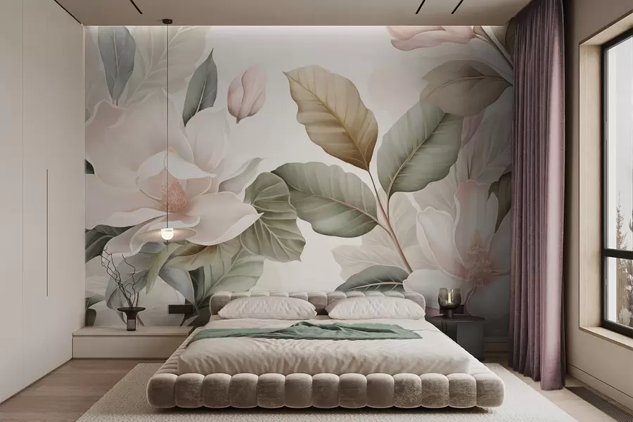 Fototapetes Magnolijas ziedi ar lapām pasteļtoņos, baltā, rozā un zaļā krāsā, maigi, delikāti, akvareļa stilā w09427