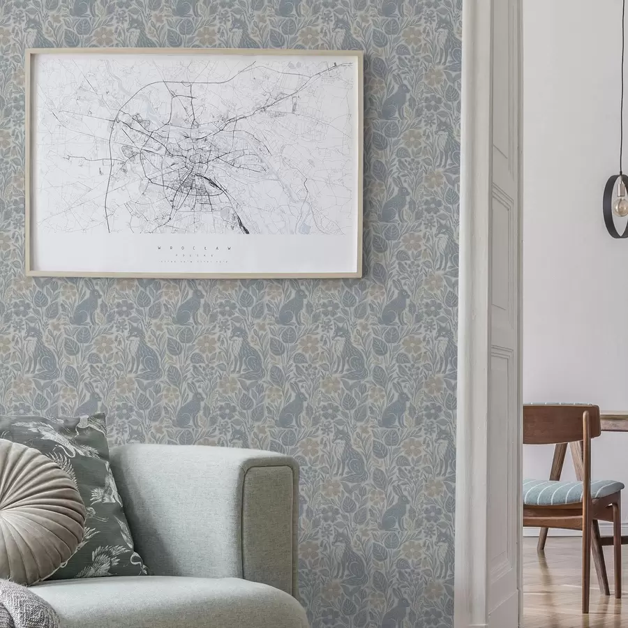 Fototapetes Meža dzīvnieki un ziedi: lapsa un zaķis zilajos toņos a00613