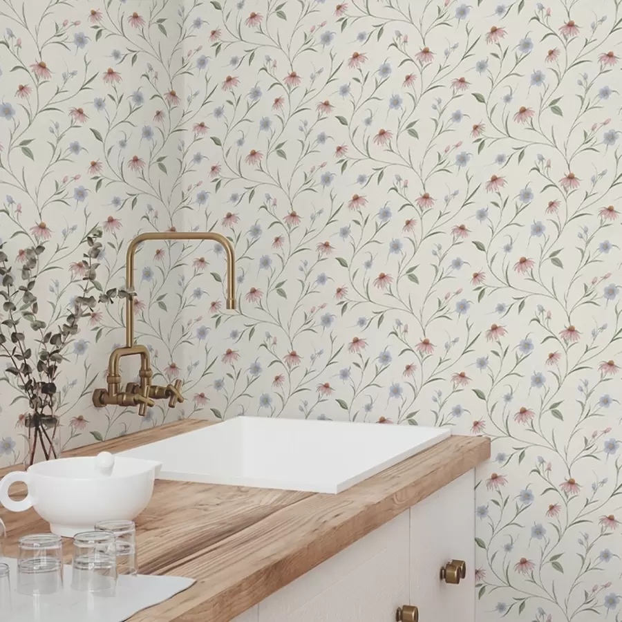 Fototapetes Lauka margrietiņas un ehinācija uz krēmkrāsas fona, gaišums a00614