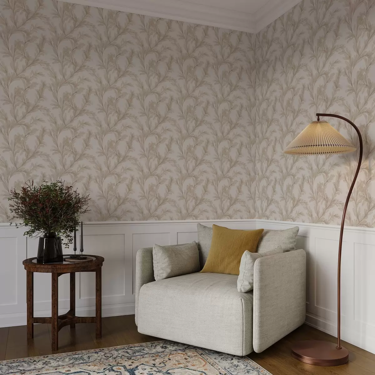 Tapetes Akvareļa krāsas smilškrāsas zari, maigs botānisks motīvs a00617