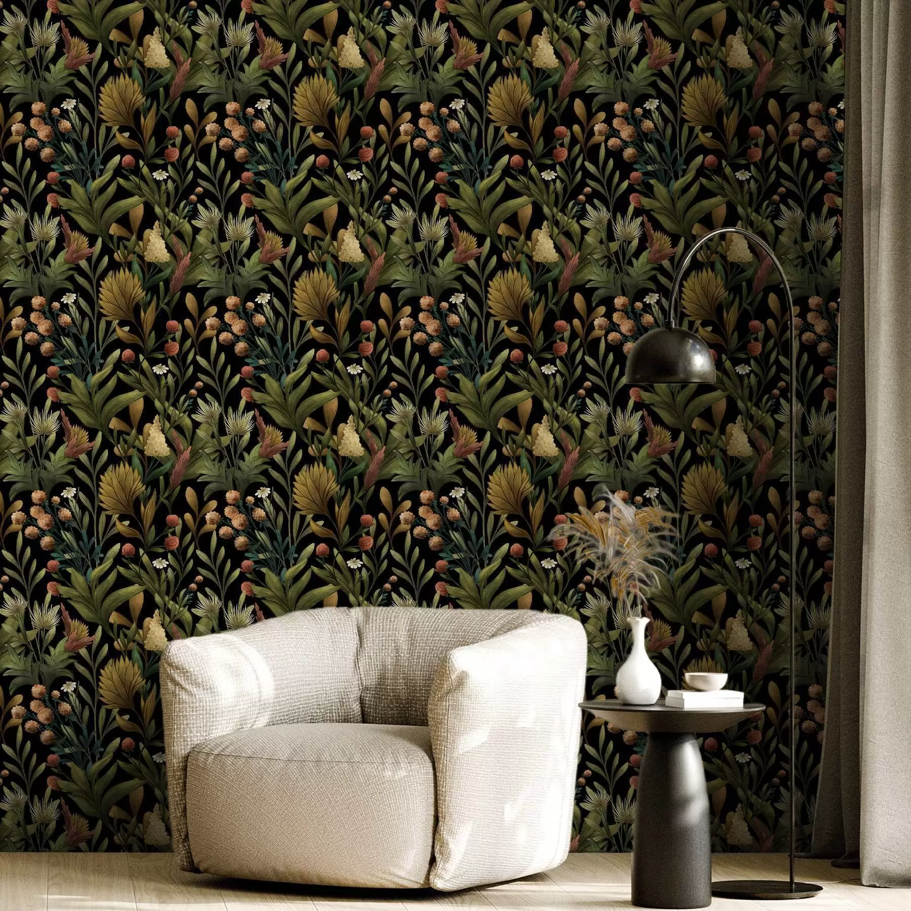 Fototapetes Botāniskais dārzs uz melna fona, siltā rudens krāsu gamma a00619