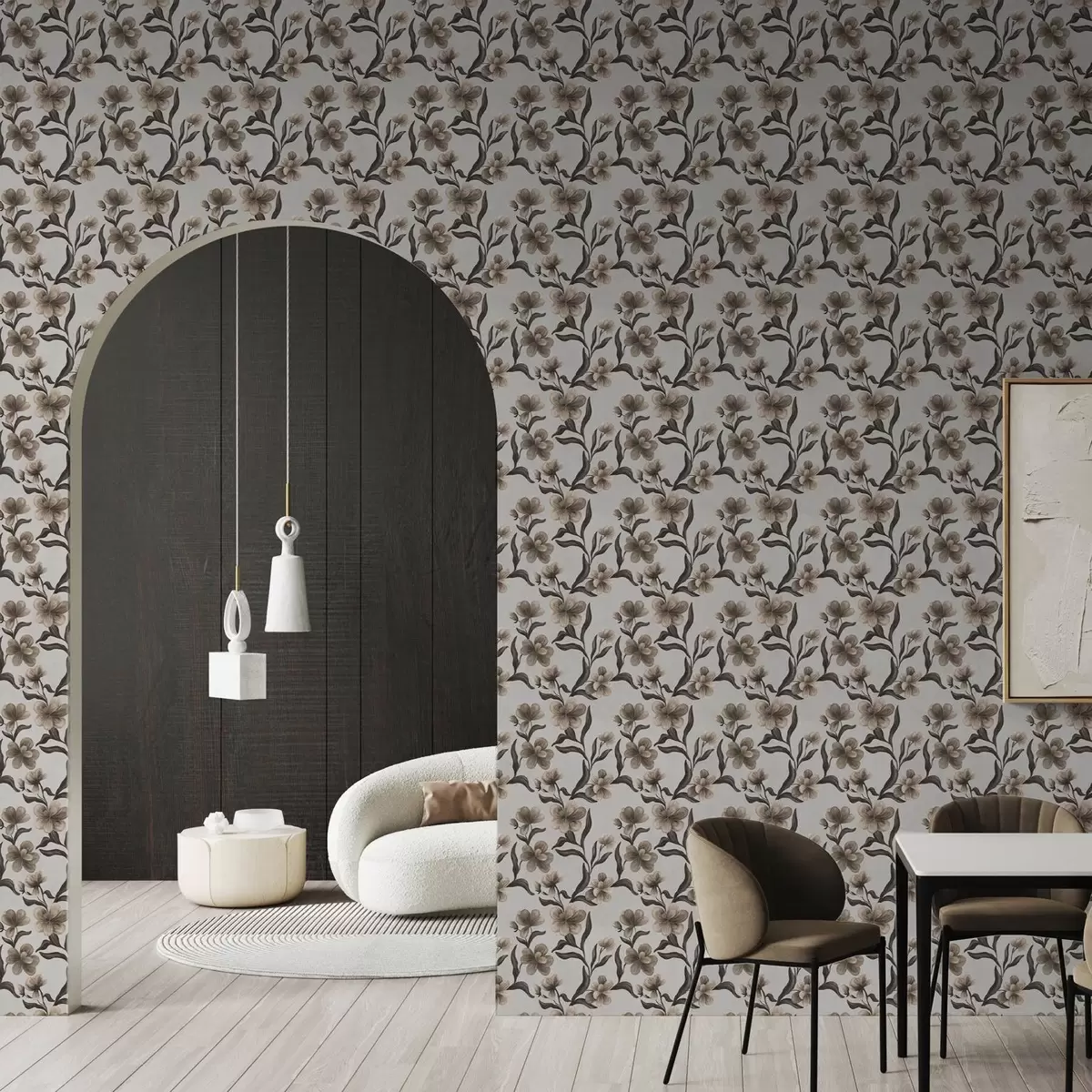 Tapetes Bēša krāsas ziedi un tumši zari uz gaiši pelēka fona a00626v1