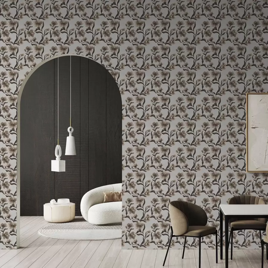 Fototapetes Bēša krāsas ziedi un tumši zari uz gaiši pelēka fona a00626v1