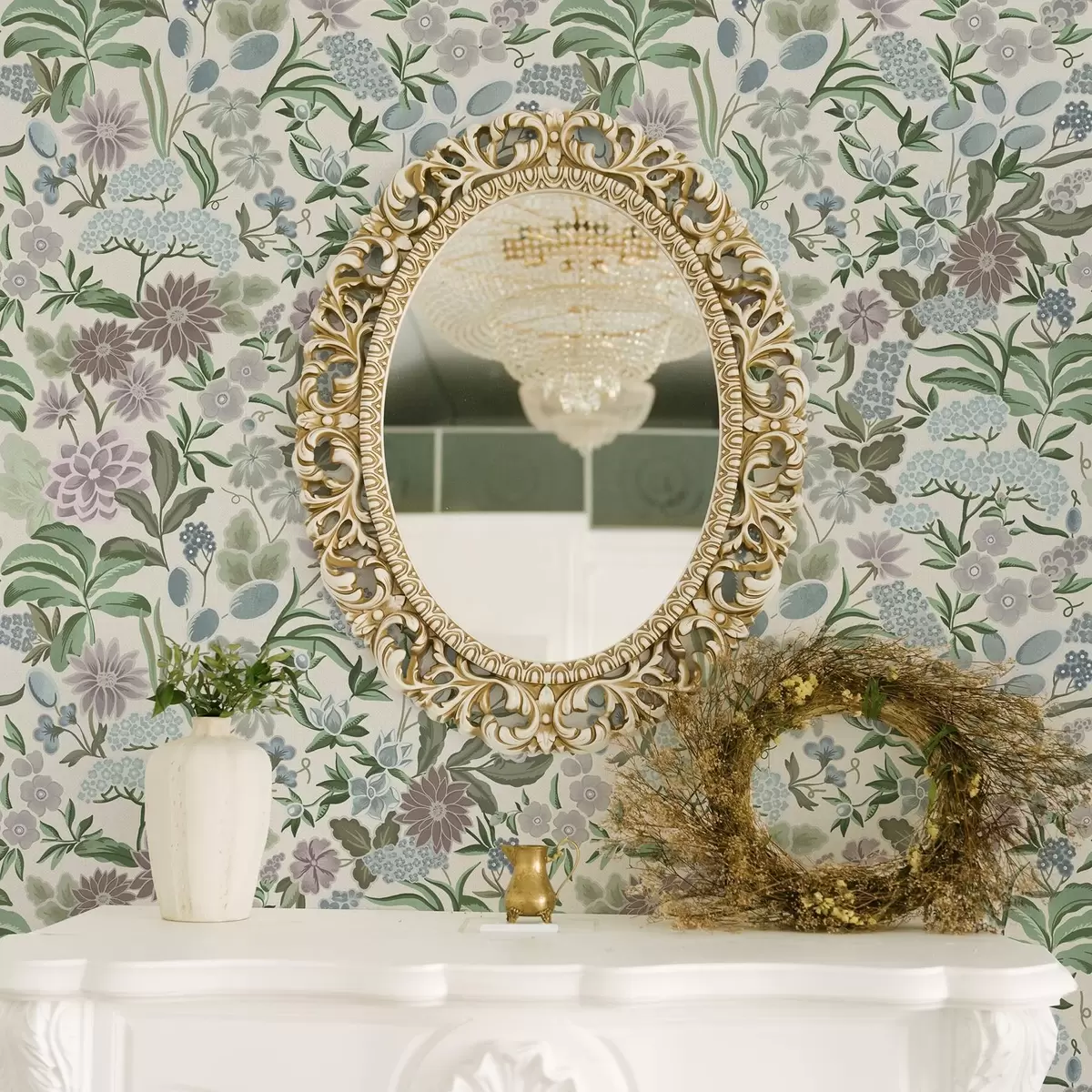 Tapetes Pastelkrāsas ziedi un lapas mīkstā zils tonī a00642