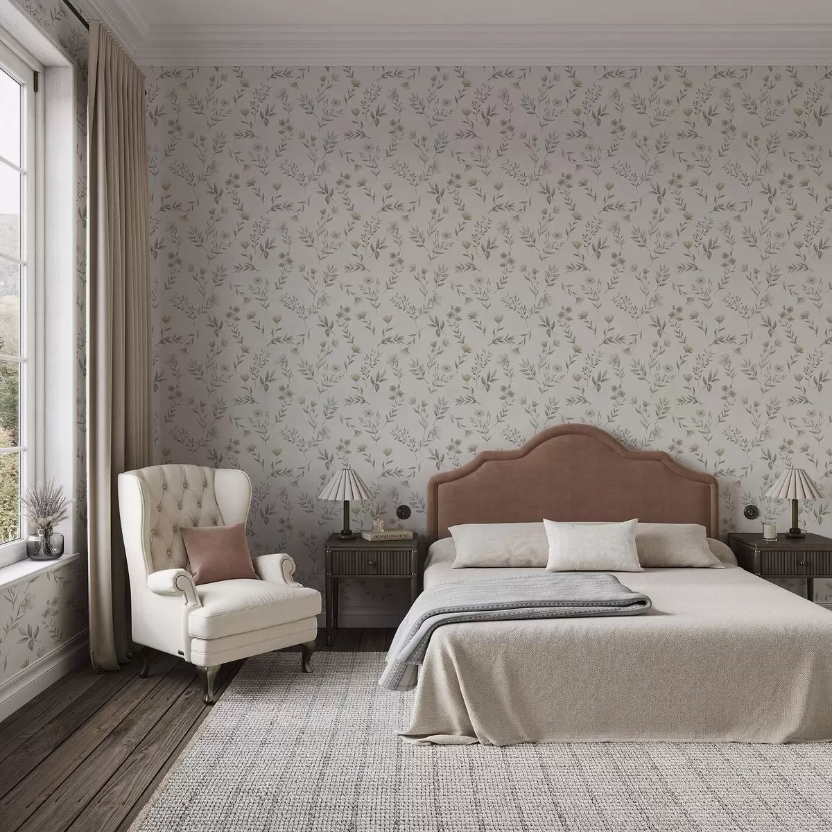 Tapetes Mazie akvareļu zariņi un ziedi uz gaiša fona a00665