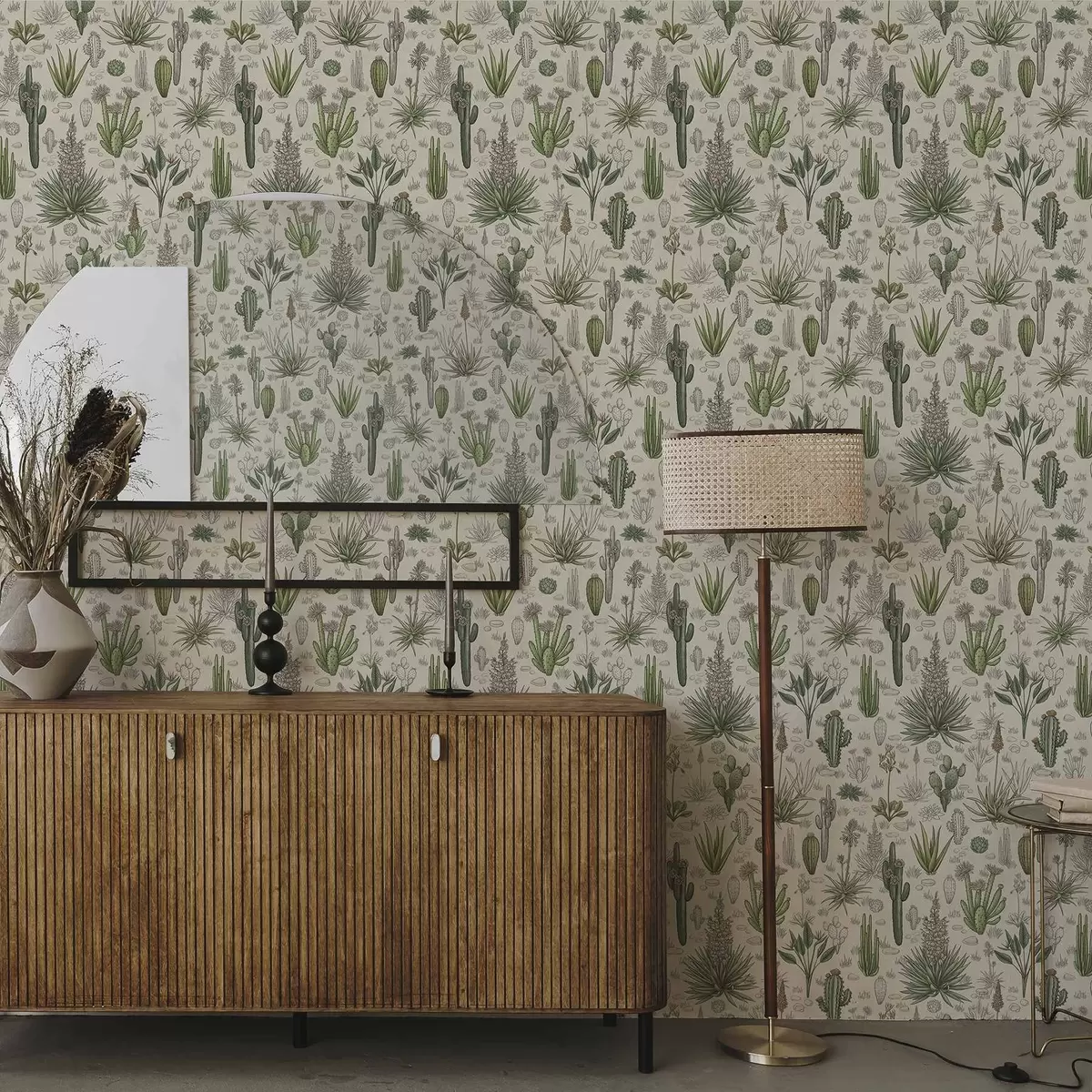 Tapetes Kaktusi un sukulenti uz siltā fona, detalizēts apdruka a00666